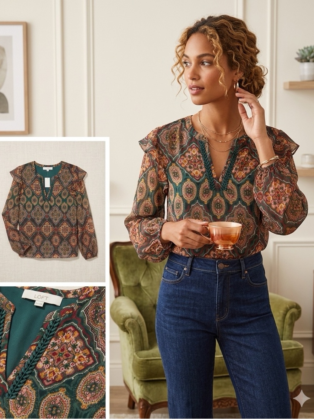 LOFT Green Multi Paisley Ruffle V-Neck Blouse